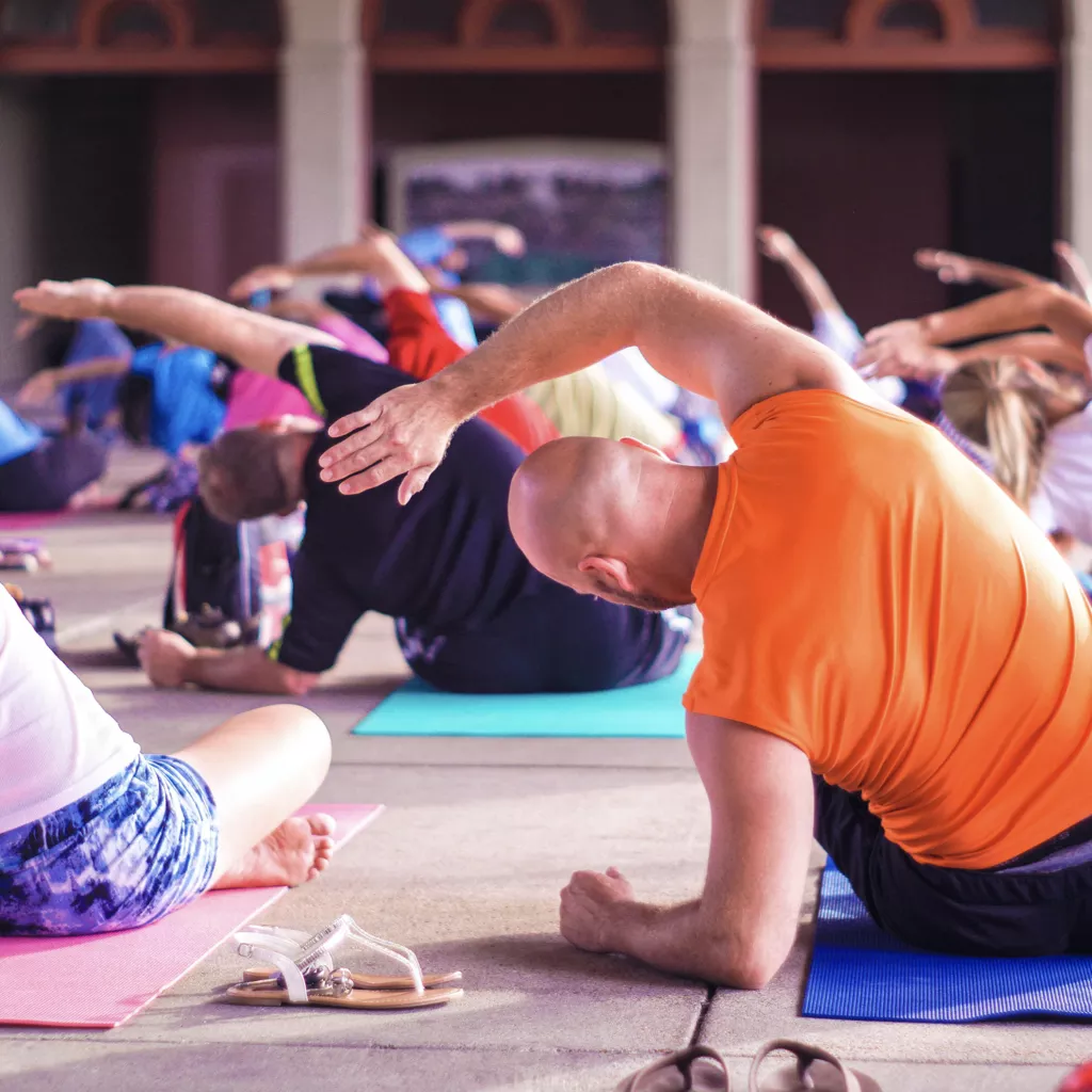 A yoga class is underway.