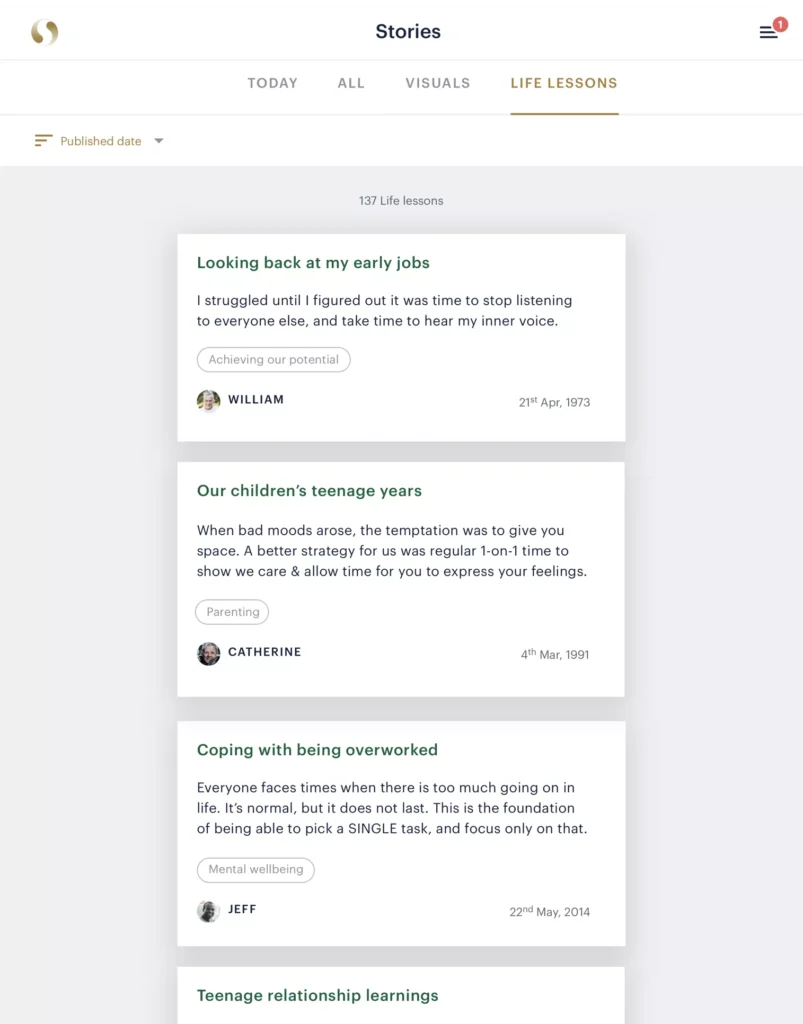 Example of the Life Lessons page, showing various lessons from multiple different stories.