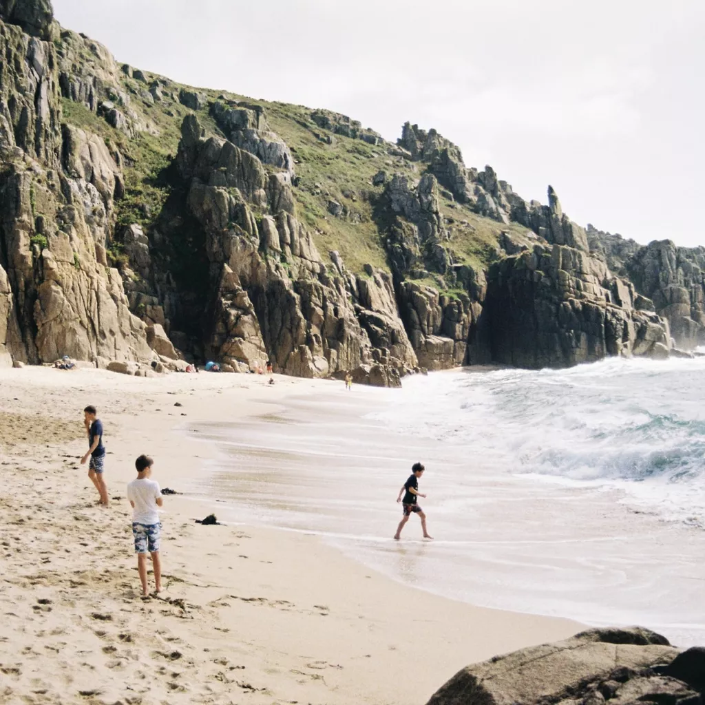 A family on the beach.