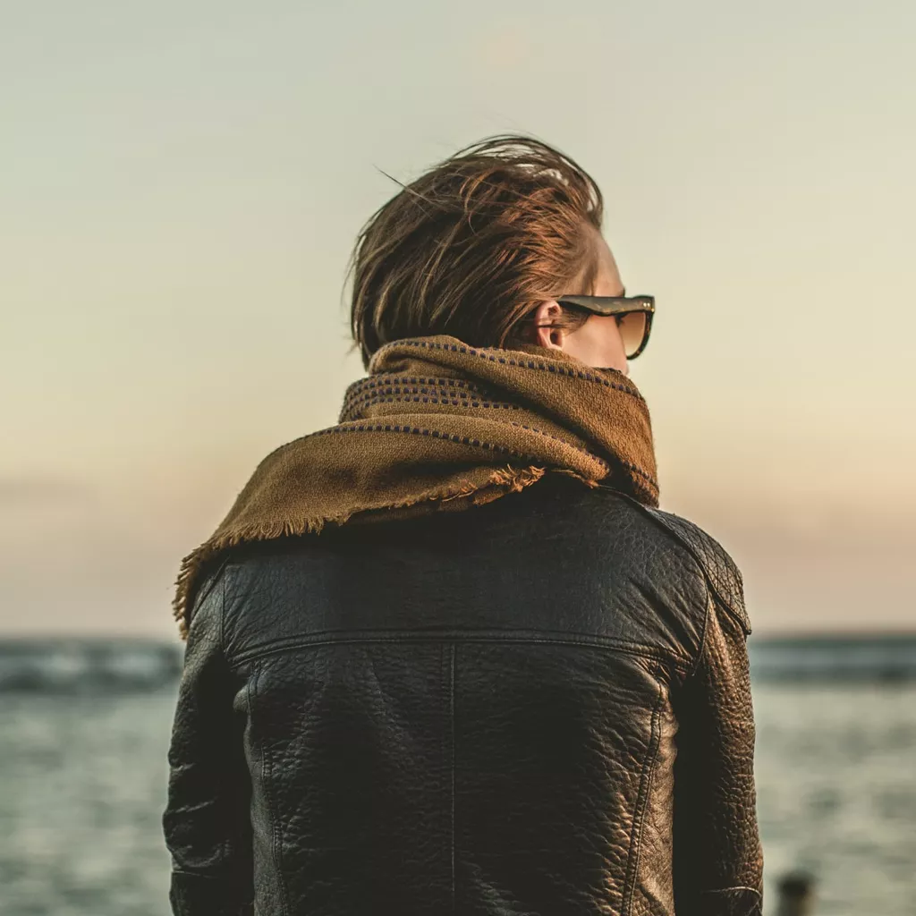 A sad person looking away from us, out to sea.