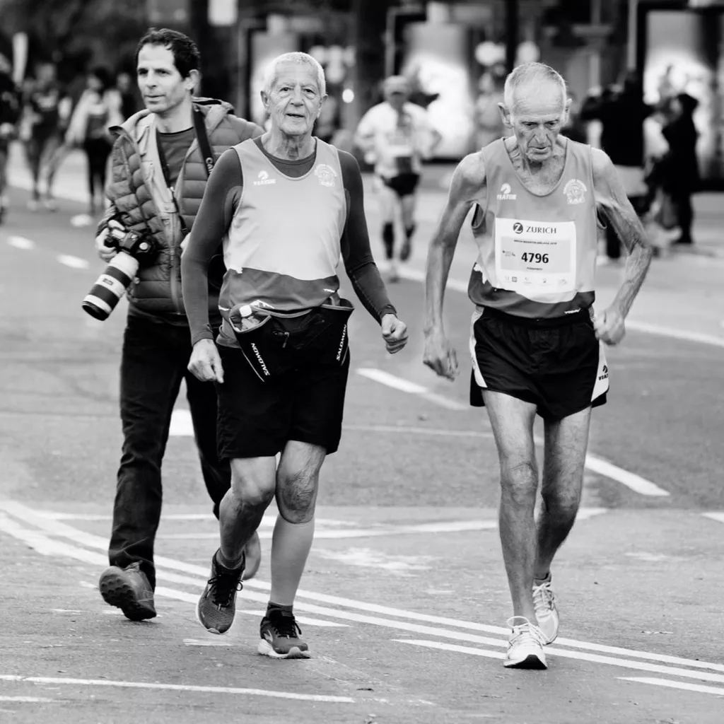 Elderly men running a marathon.