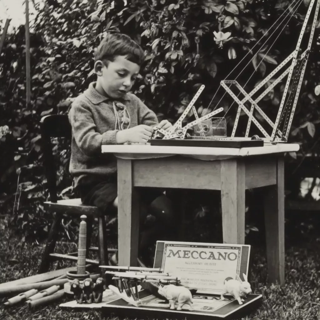 An old photo of a boy playing with his Meccano.