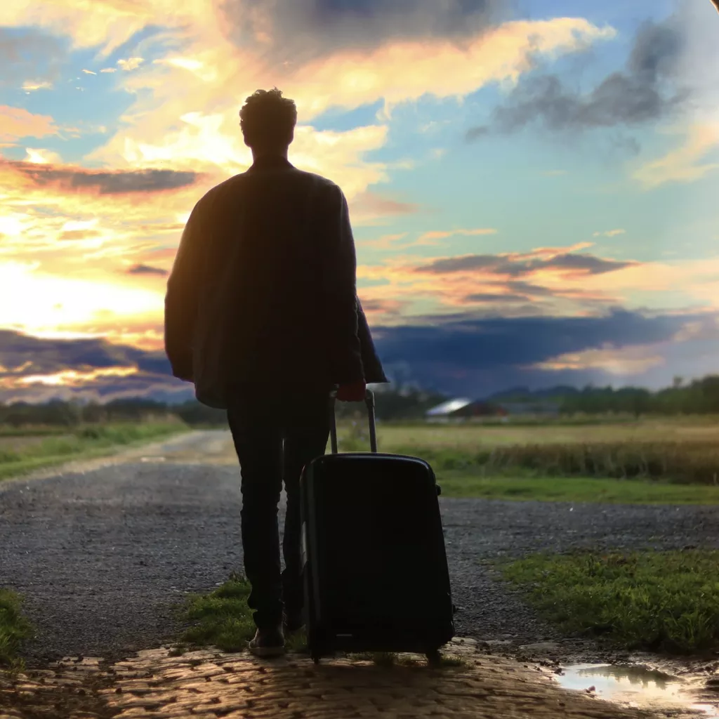 A person walking away pulling a suitcase.